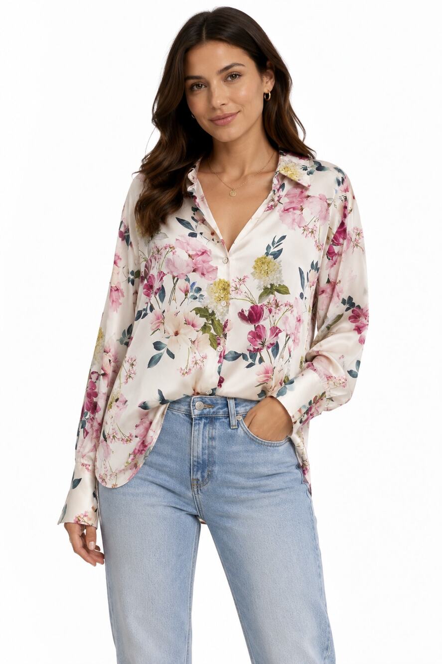 ZARA Floral Print Satin Button Down Shirt Size Medium Feminine Hydrangea Tulip